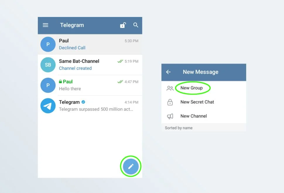 alt AoxVPN Screenshots of the steps to start a group chat in the Telegram Android app.