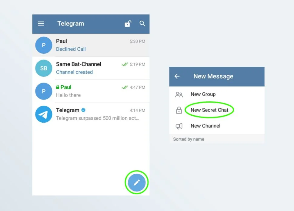 alt AoxVPN Screenshots of how to start a Secret Chat in the Telegram Android app.